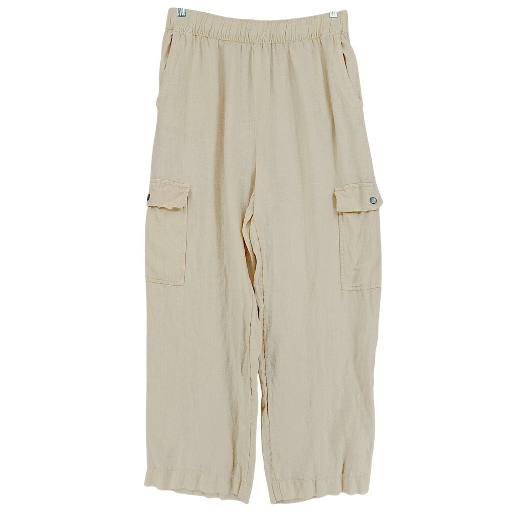 C&C California Linen Cargo Pants L Women Cream Beige Wide Leg Elastic Resortwear